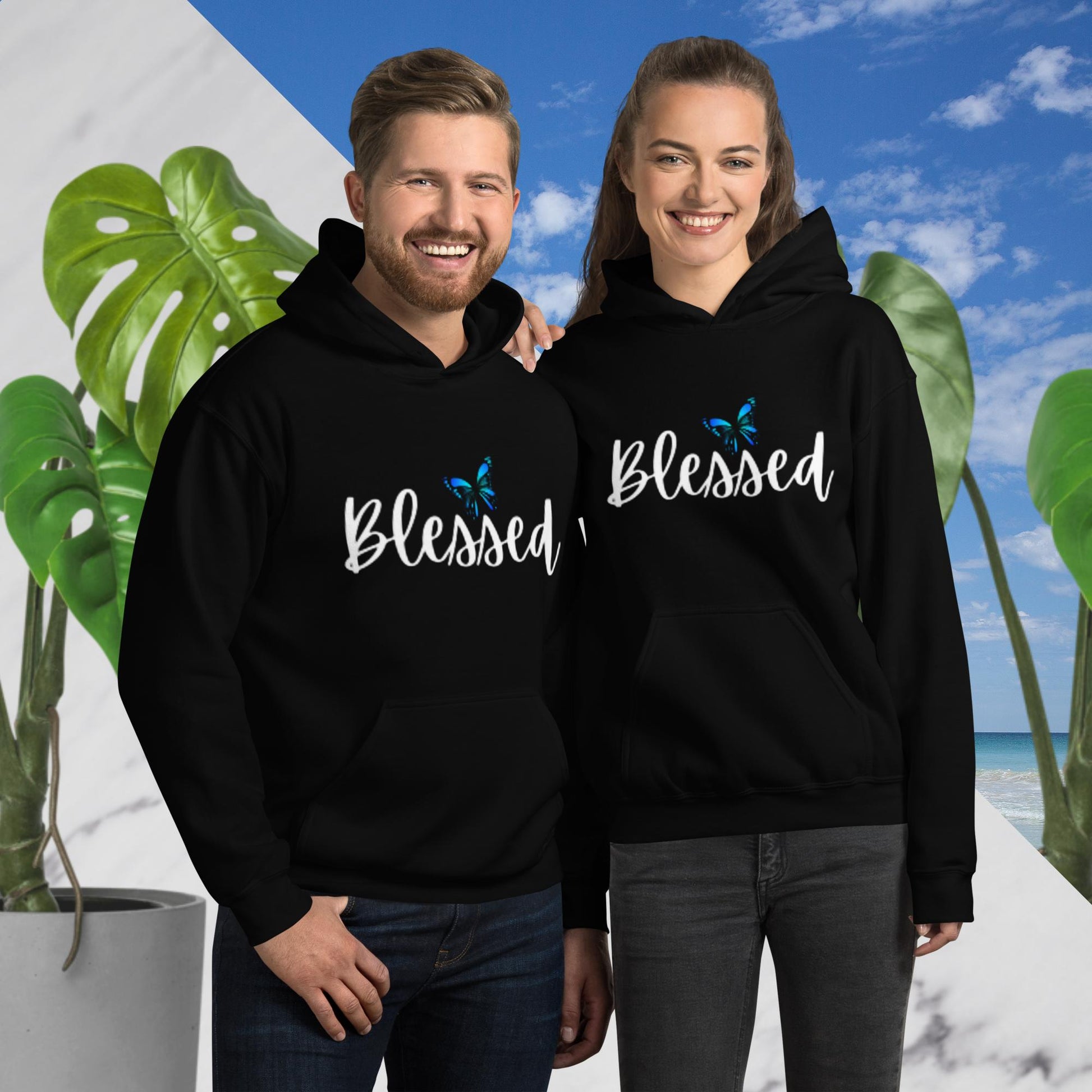 Black unisex hoodie with a front pouch pocket, featuring the word 'Blessed' in white writing below a simple butterfly design.