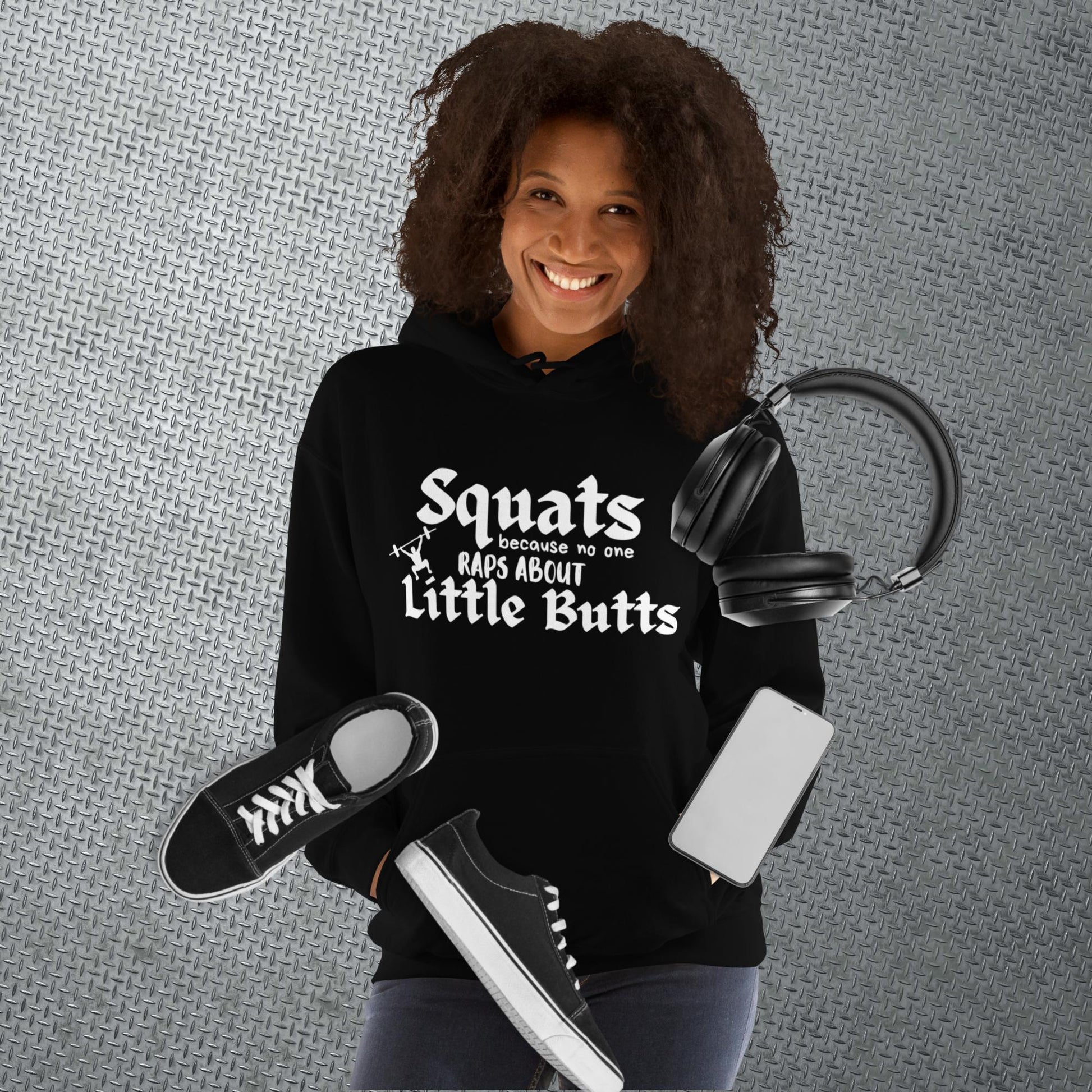 Black hoodie featuring the phrase 'Swats because no one raps about little butts.' This hoodie is perfect for the gym or evening walks, combining style with comfort for your active lifestyle.