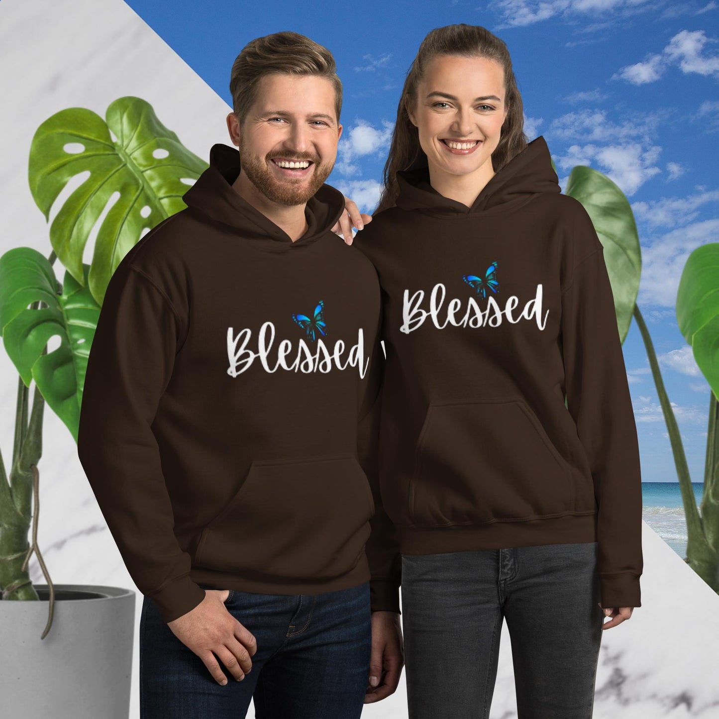 Dark chocolate unisex hoodie with a front pouch pocket, featuring the word 'Blessed' in white writing below a simple butterfly design.