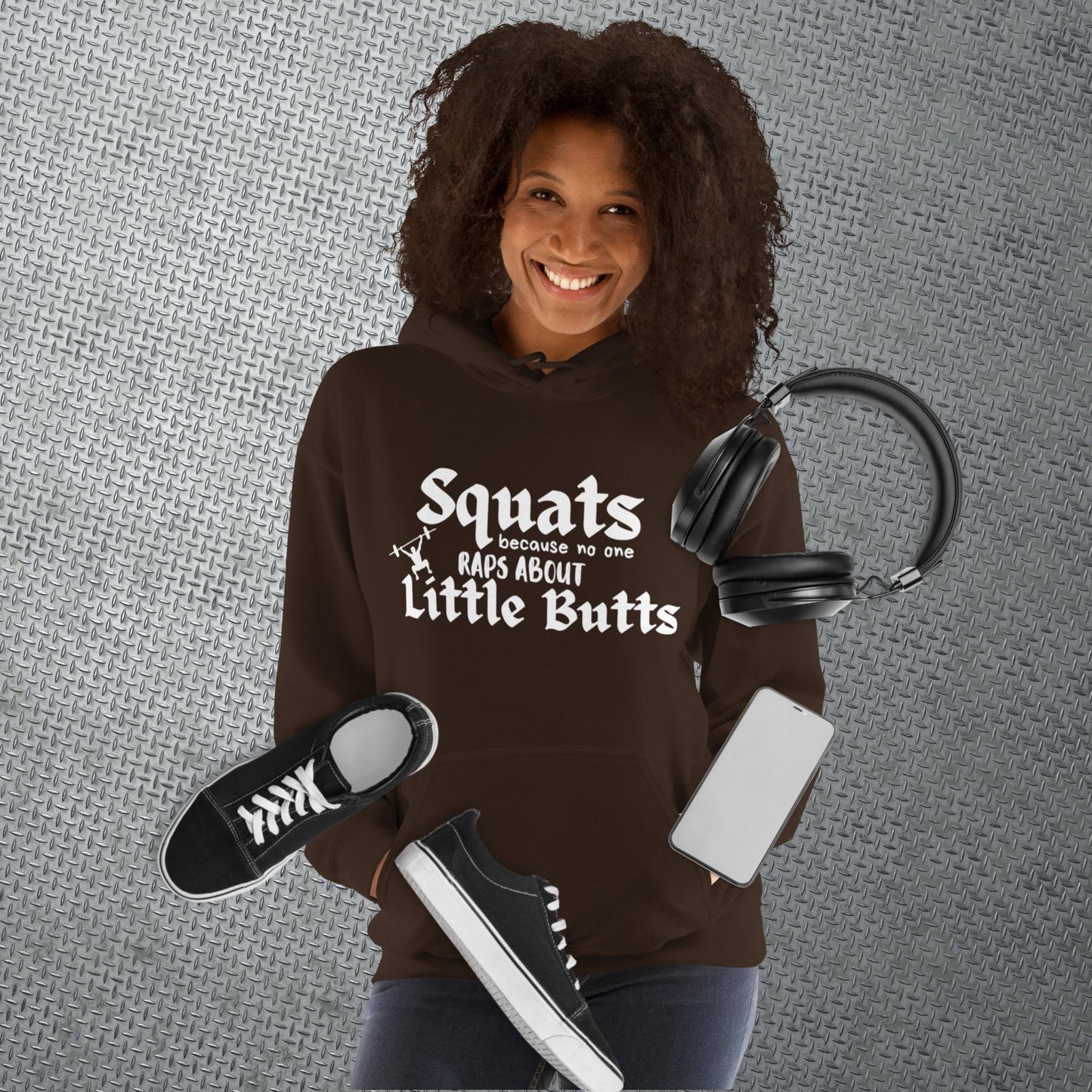 Dark chocolate colored hoodie featuring the phrase 'Swats because no one raps about little butts.' This hoodie is perfect for the gym or evening walks, combining style with comfort for your active lifestyle.