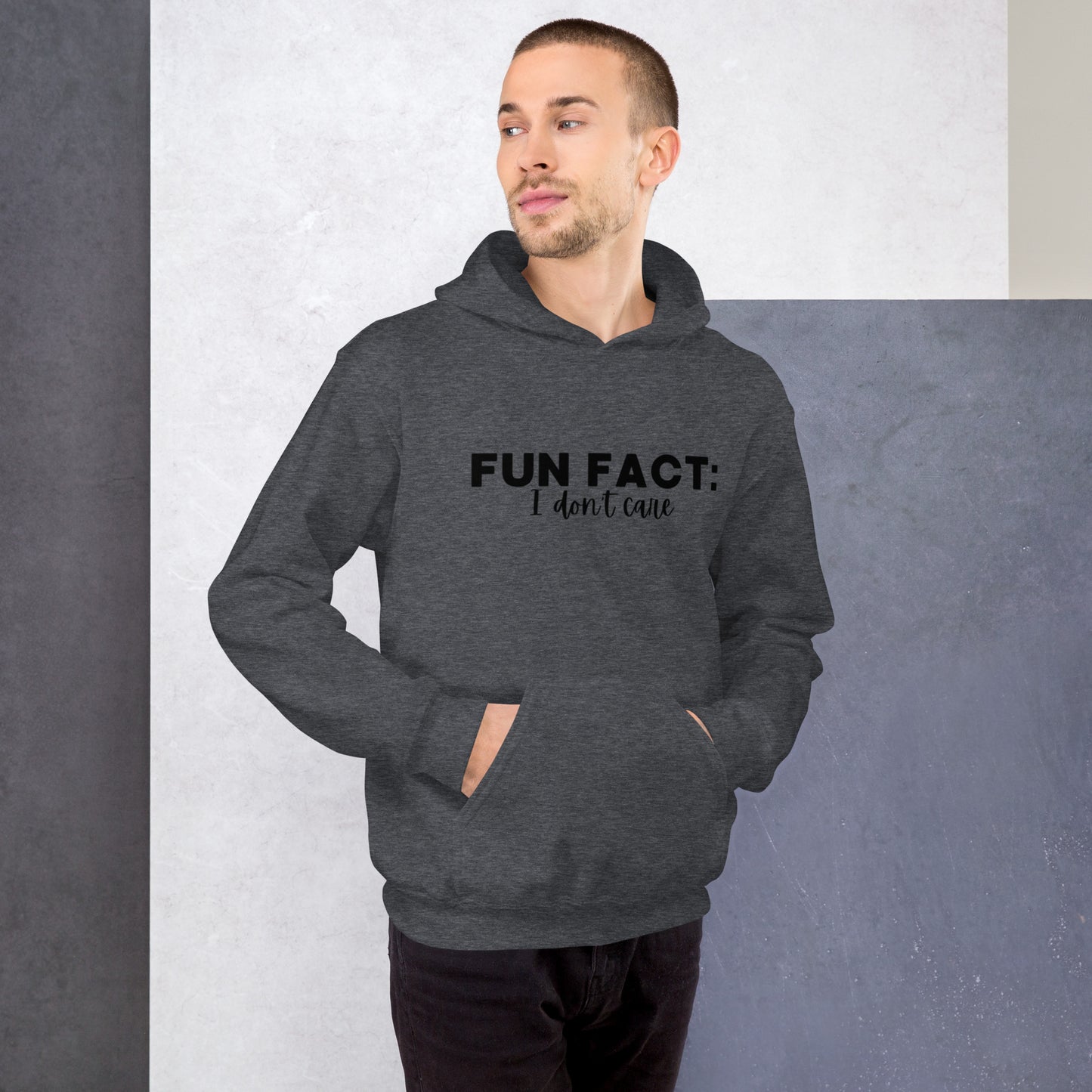 Dark heather colored unisex hoodie featuring the phrase 'Fun Fact: I Don't Care' in bold black writing on the front above the front pouch pocket