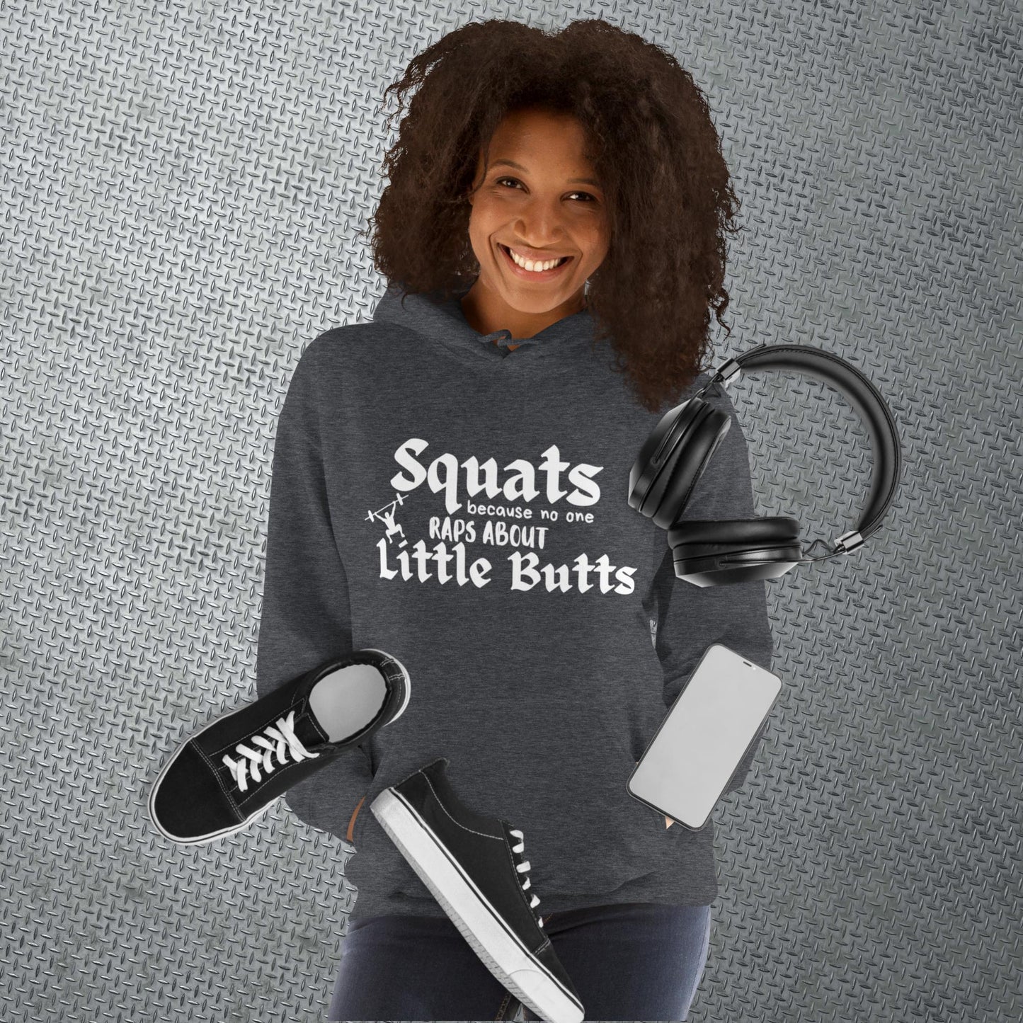 Dark heather colored hoodie featuring the phrase 'Swats because no one raps about little butts.' This hoodie is perfect for the gym or evening walks, combining style with comfort for your active lifestyle.