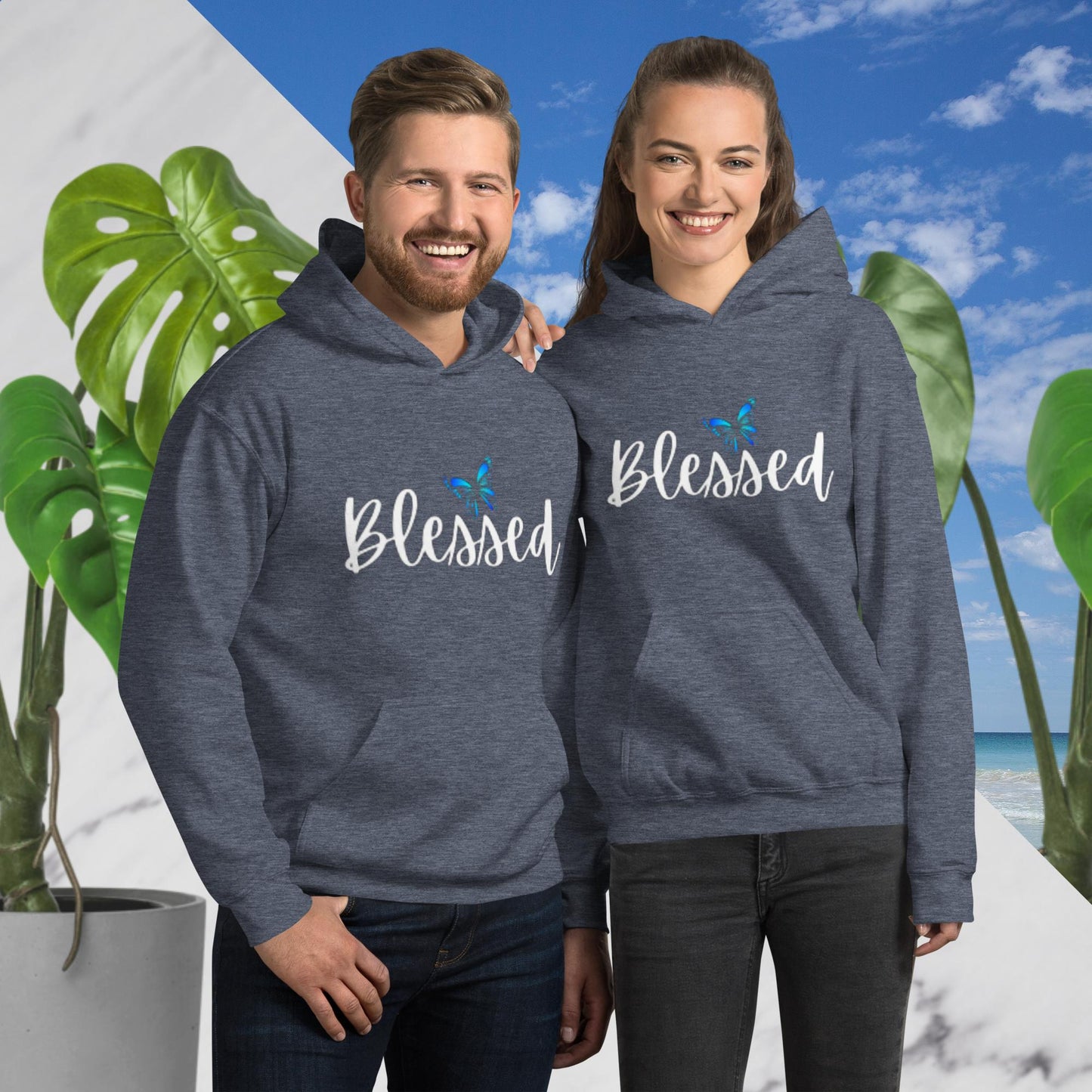 Sport dark navy unisex hoodie with a front pouch pocket, featuring the word 'Blessed' in white writing below a simple butterfly design.