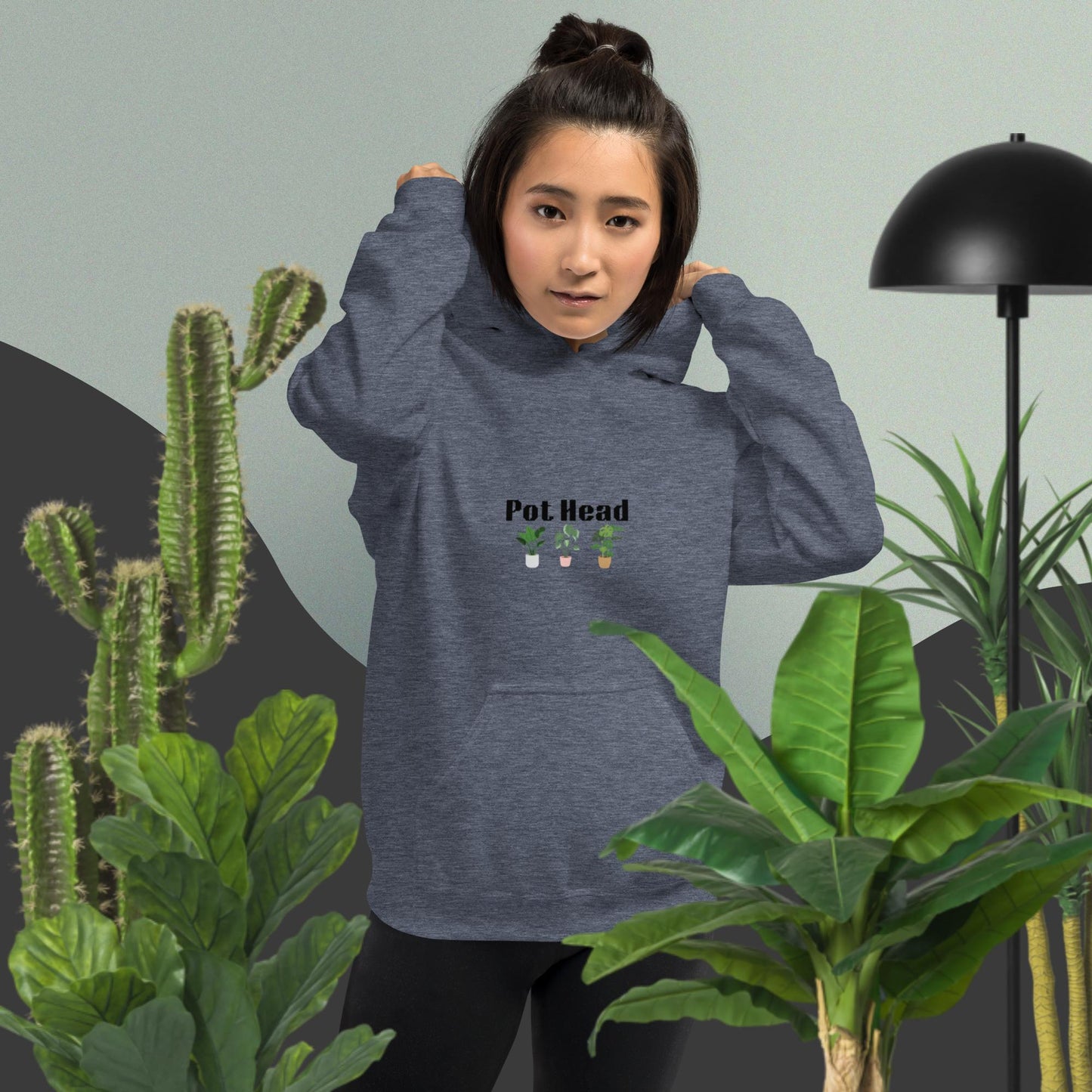 Heather sport dark navy colored hoodie designed for plant lovers, featuring the phrase 'Pot Head' in bold black text above the front pouch pocket, complemented by a decorative plant design