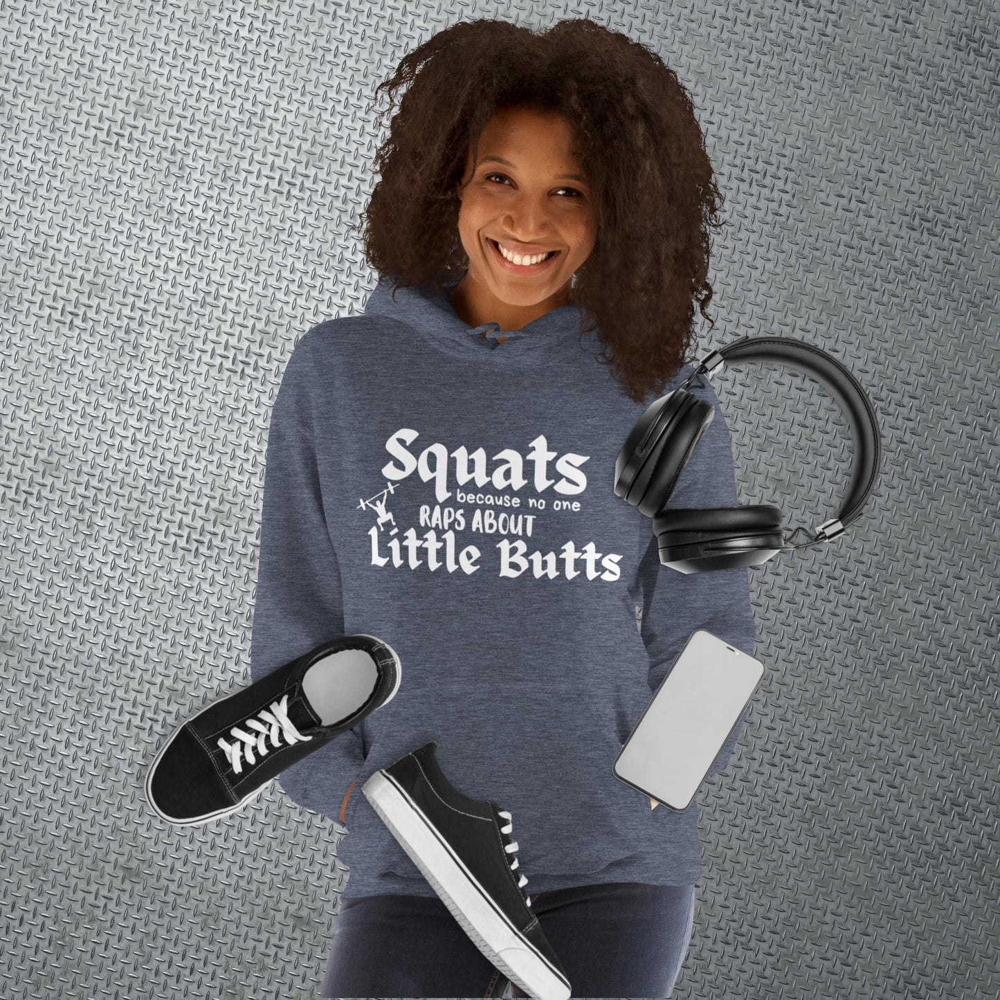 Heather sport dark navy colored hoodie featuring the phrase 'Swats because no one raps about little butts.' This hoodie is perfect for the gym or evening walks, combining style with comfort for your active lifestyle.