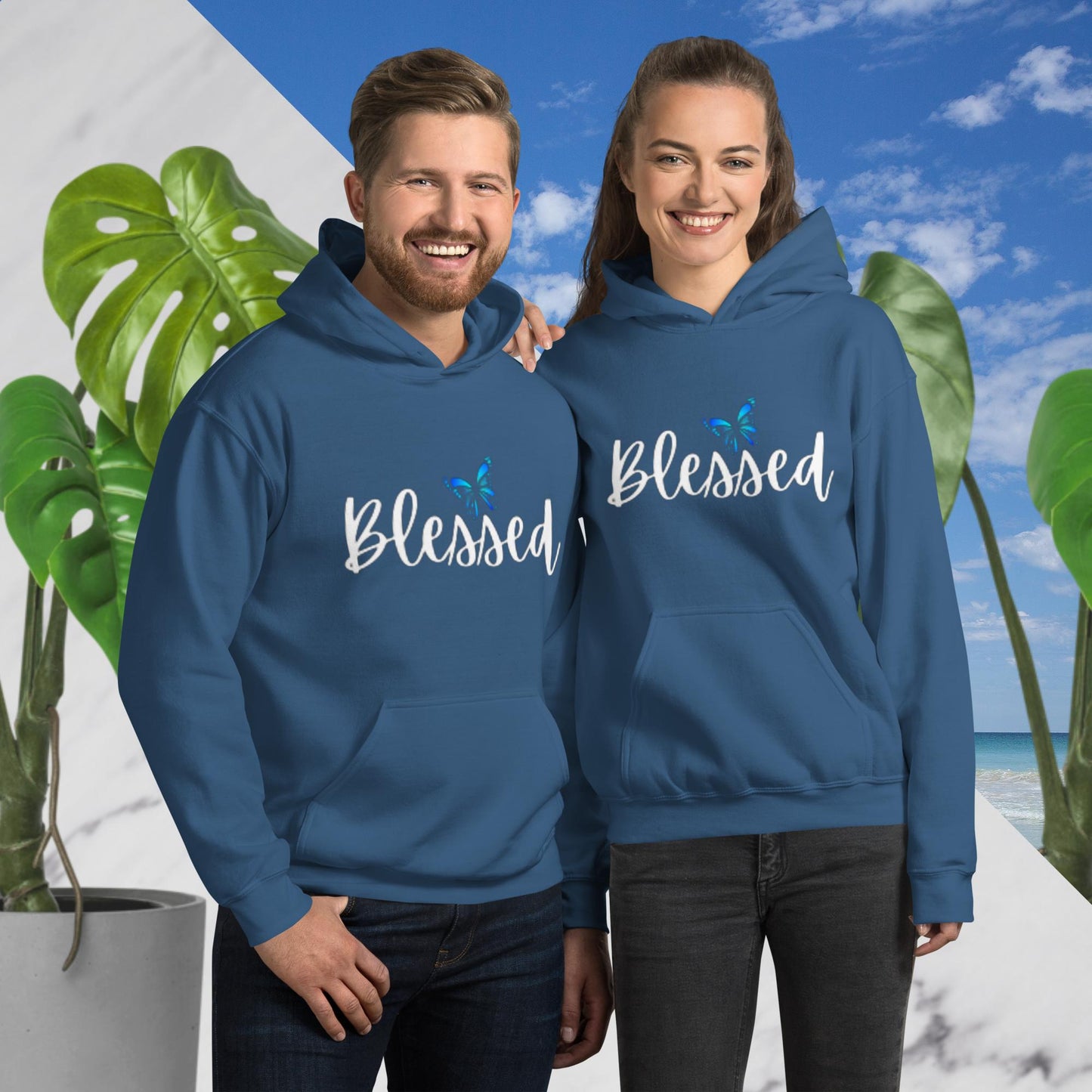 Indigo blue unisex hoodie with a front pouch pocket, featuring the word 'Blessed' in white writing below a simple butterfly design.