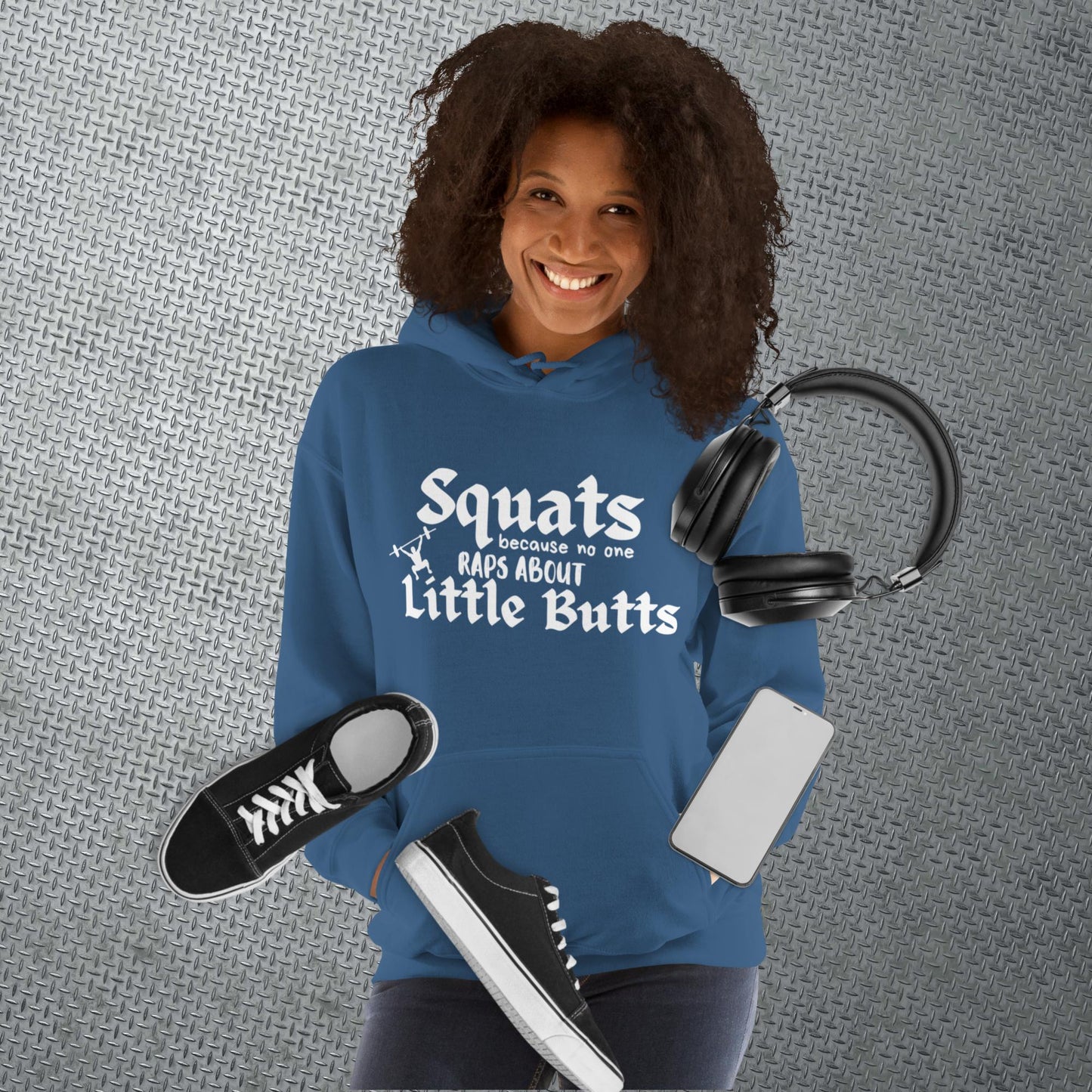 Indigo blue colored hoodie featuring the phrase 'Swats because no one raps about little butts.' This hoodie is perfect for the gym or evening walks, combining style with comfort for your active lifestyle.