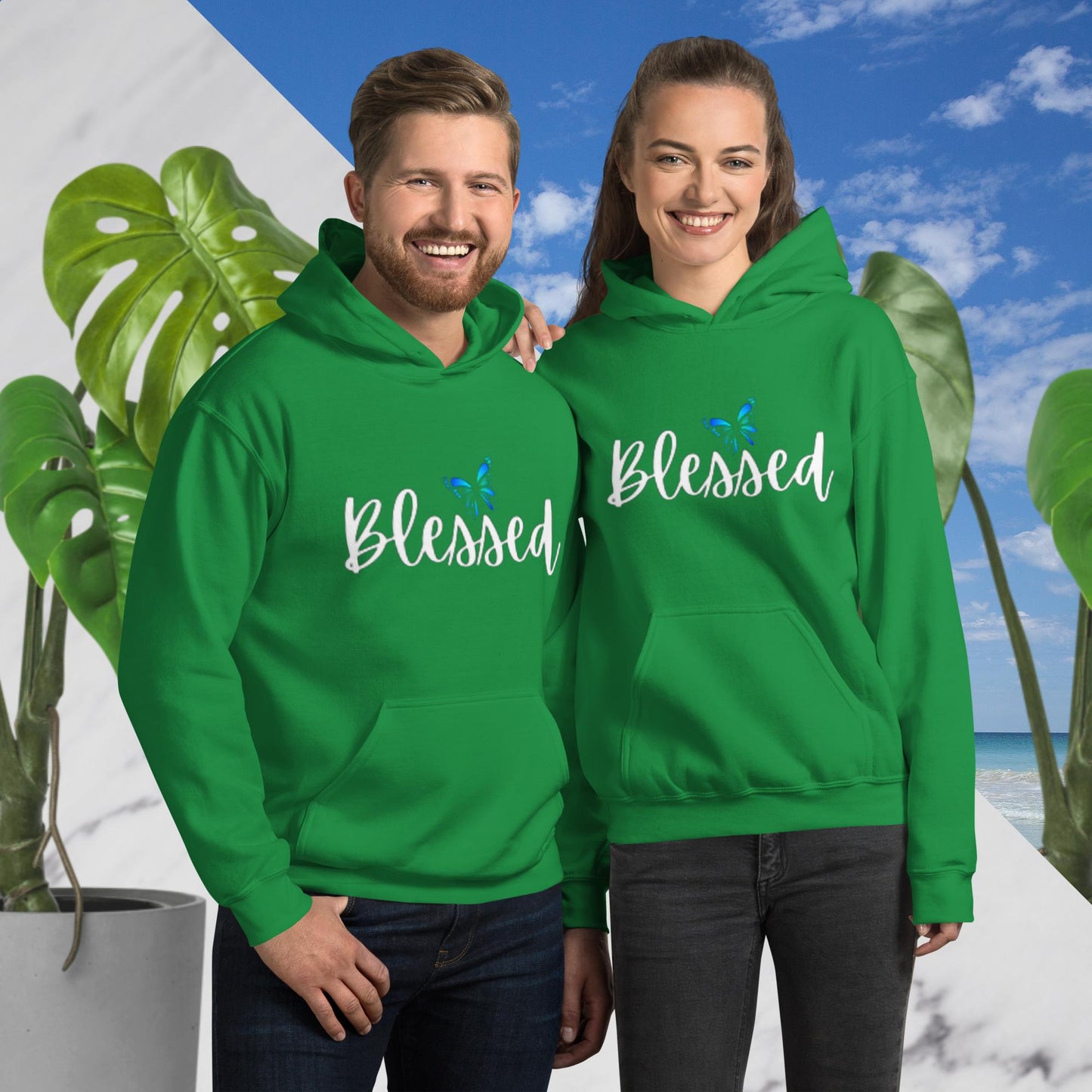 Irish green unisex hoodie with a front pouch pocket, featuring the word 'Blessed' in white writing below a simple butterfly design.