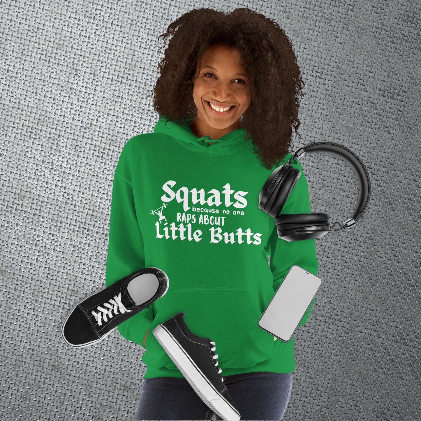 Irish green colored hoodie featuring the phrase 'Swats because no one raps about little butts.' This hoodie is perfect for the gym or evening walks, combining style with comfort for your active lifestyle.