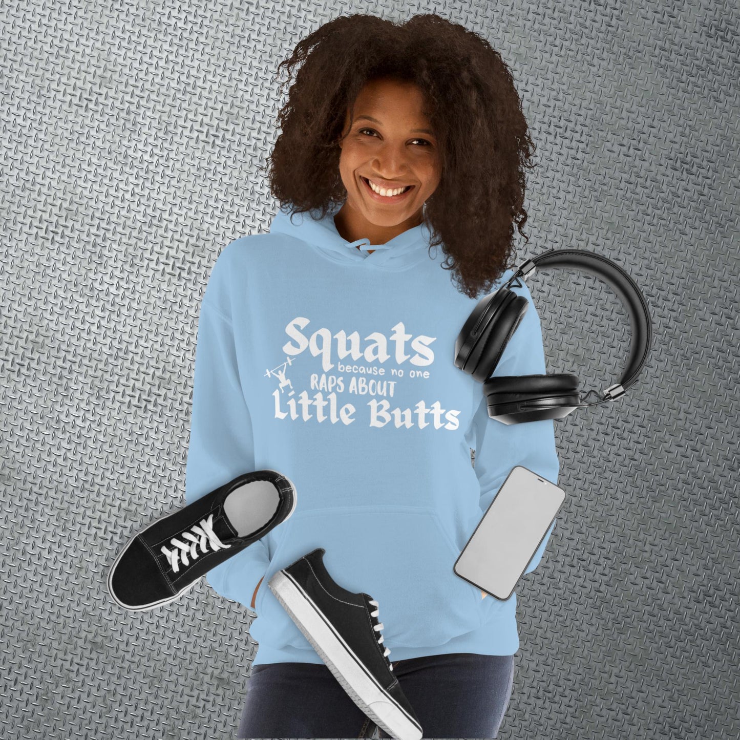 Light blue colored hoodie featuring the phrase 'Swats because no one raps about little butts.' This hoodie is perfect for the gym or evening walks, combining style with comfort for your active lifestyle.