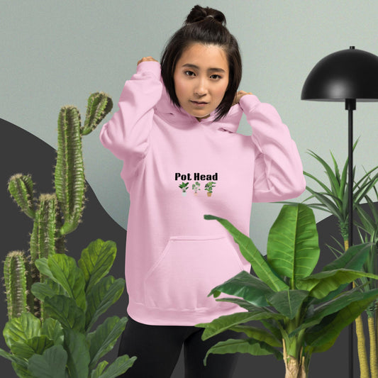 Light pink colored hoodie designed for plant lovers, featuring the phrase 'Pot Head' in bold black text above the front pouch pocket, complemented by a decorative plant design