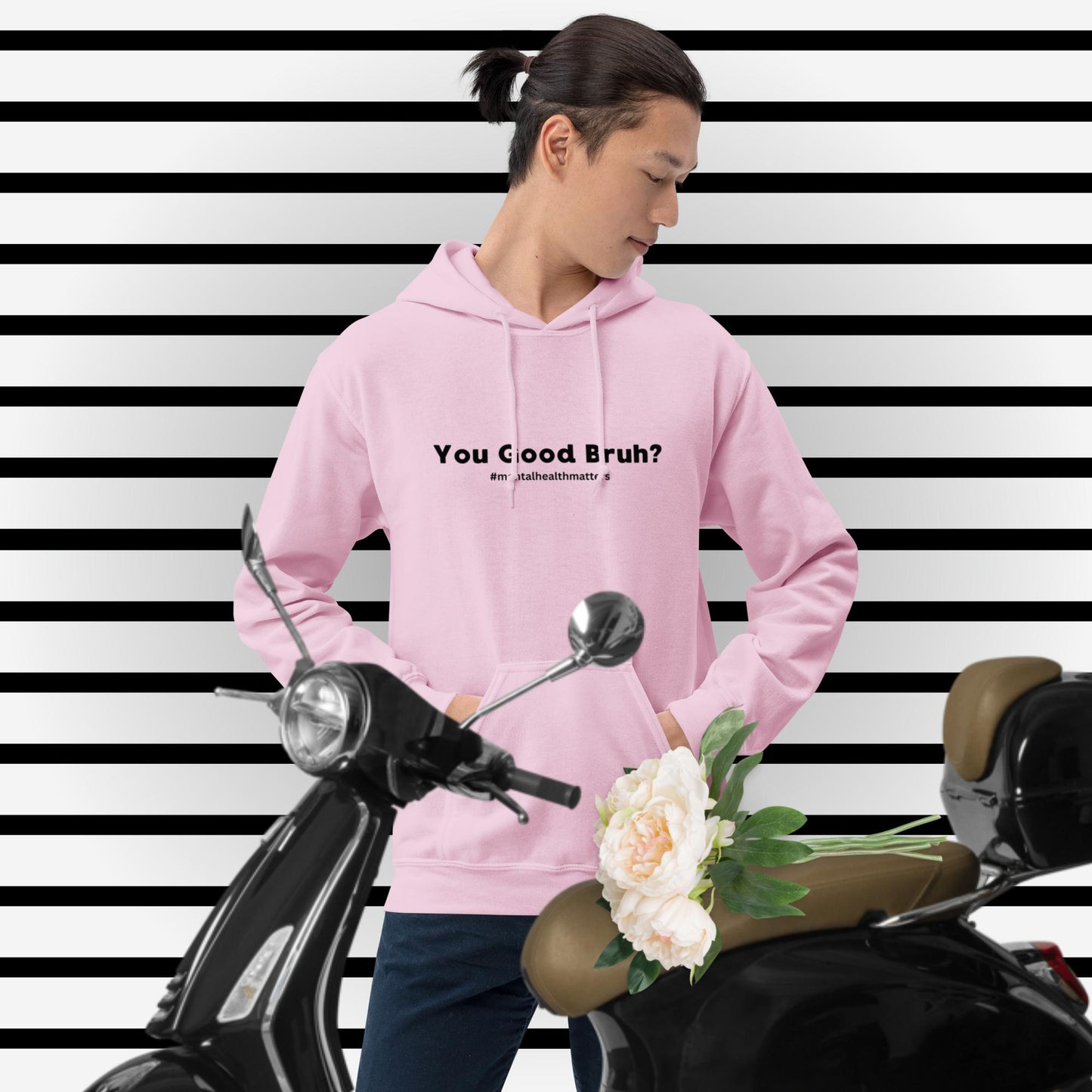 Light pink colored unisex hoodie featuring the phrase 'You Good Bruh' in bold black font. This hoodie supports mental health awareness.