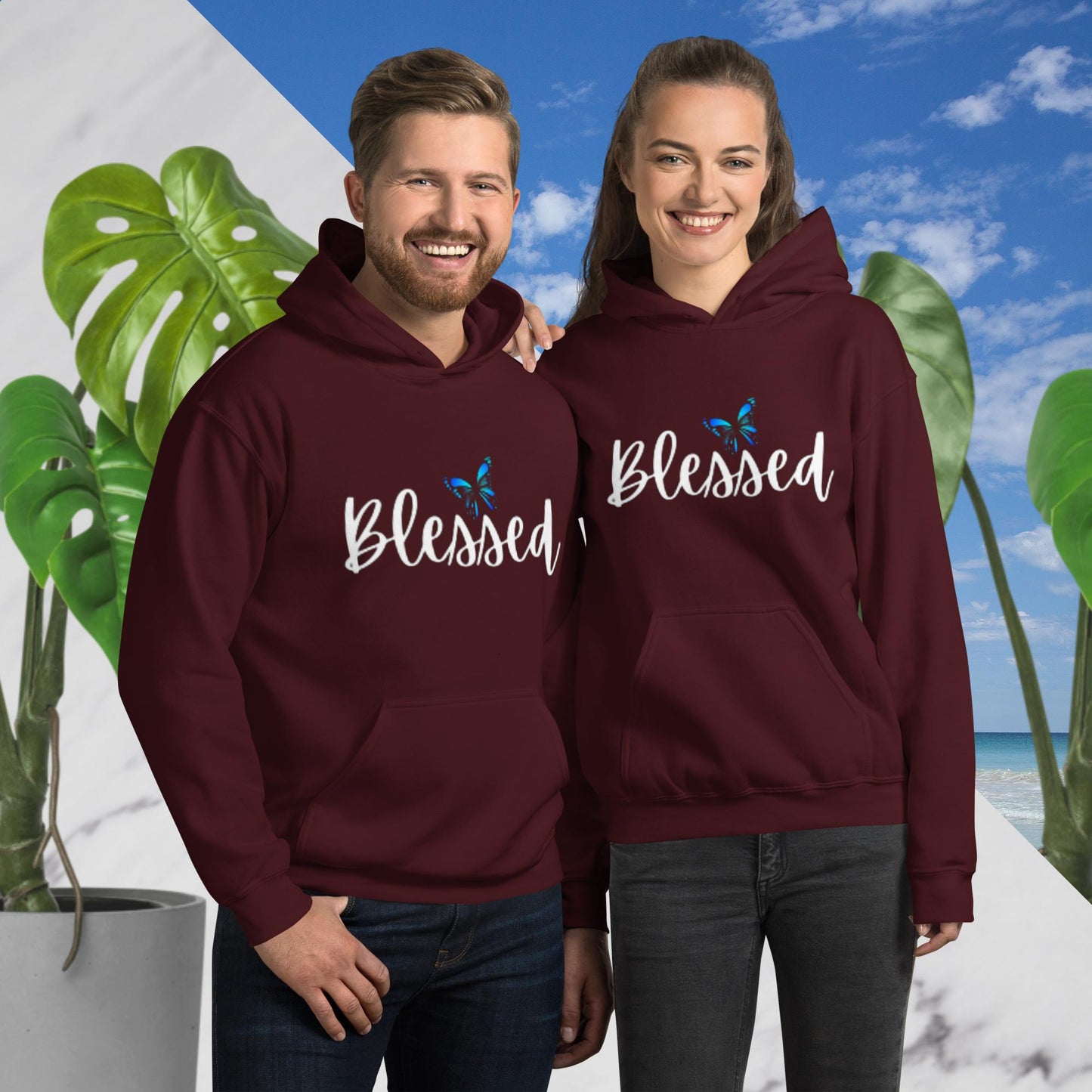 Maroon unisex hoodie with a front pouch pocket, featuring the word 'Blessed' in white writing below a simple butterfly design.