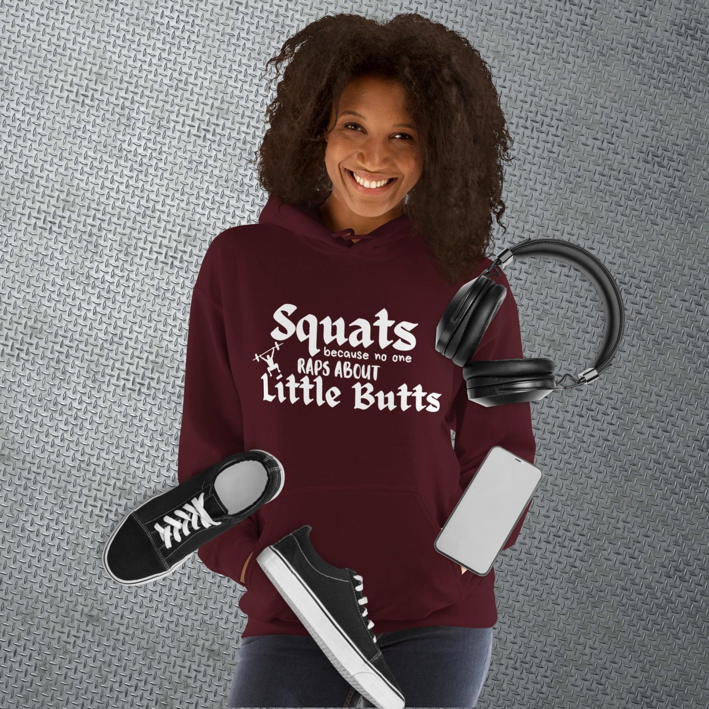 Maroon colored hoodie featuring the phrase 'Swats because no one raps about little butts.' This hoodie is perfect for the gym or evening walks, combining style with comfort for your active lifestyle.