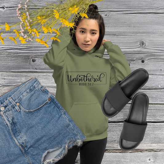 Military green colored unisex hoodie featuring the word 'Unbothered,' serving as a reminder not to stress over things outside of your control.