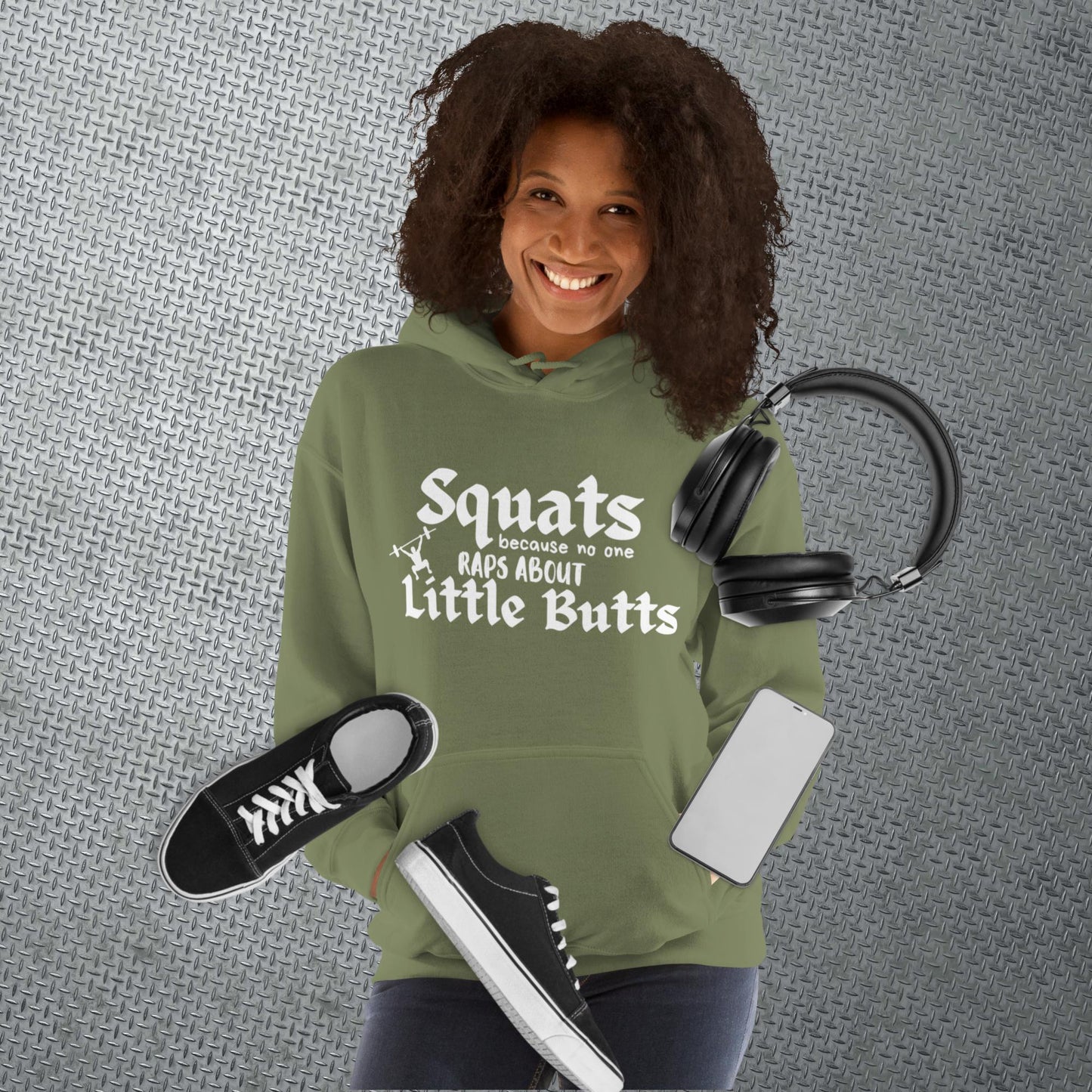 Military green colored hoodie featuring the phrase 'Swats because no one raps about little butts.' This hoodie is perfect for the gym or evening walks, combining style with comfort for your active lifestyle.