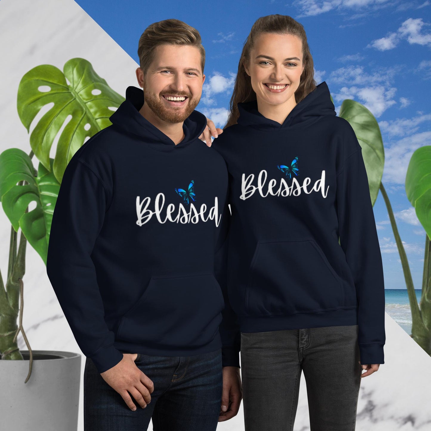 Navy unisex hoodie with a front pouch pocket, featuring the word 'Blessed' in white writing below a simple butterfly design.