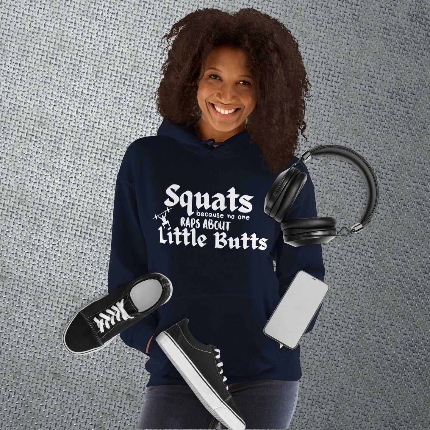 Navy colored hoodie featuring the phrase 'Swats because no one raps about little butts.' This hoodie is perfect for the gym or evening walks, combining style with comfort for your active lifestyle.