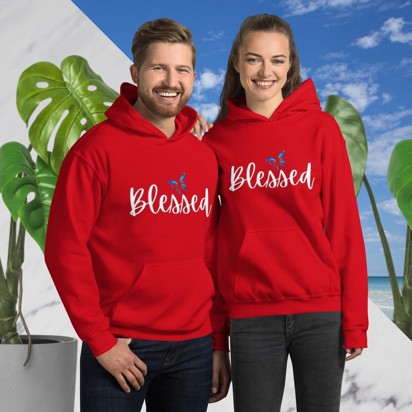 Red unisex hoodie with a front pouch pocket, featuring the word 'Blessed' in white writing below a simple butterfly design.