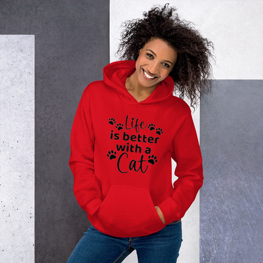 Red unisex hoodie featuring the phrase 'Life is Better with Cats,' perfect for animal lovers.