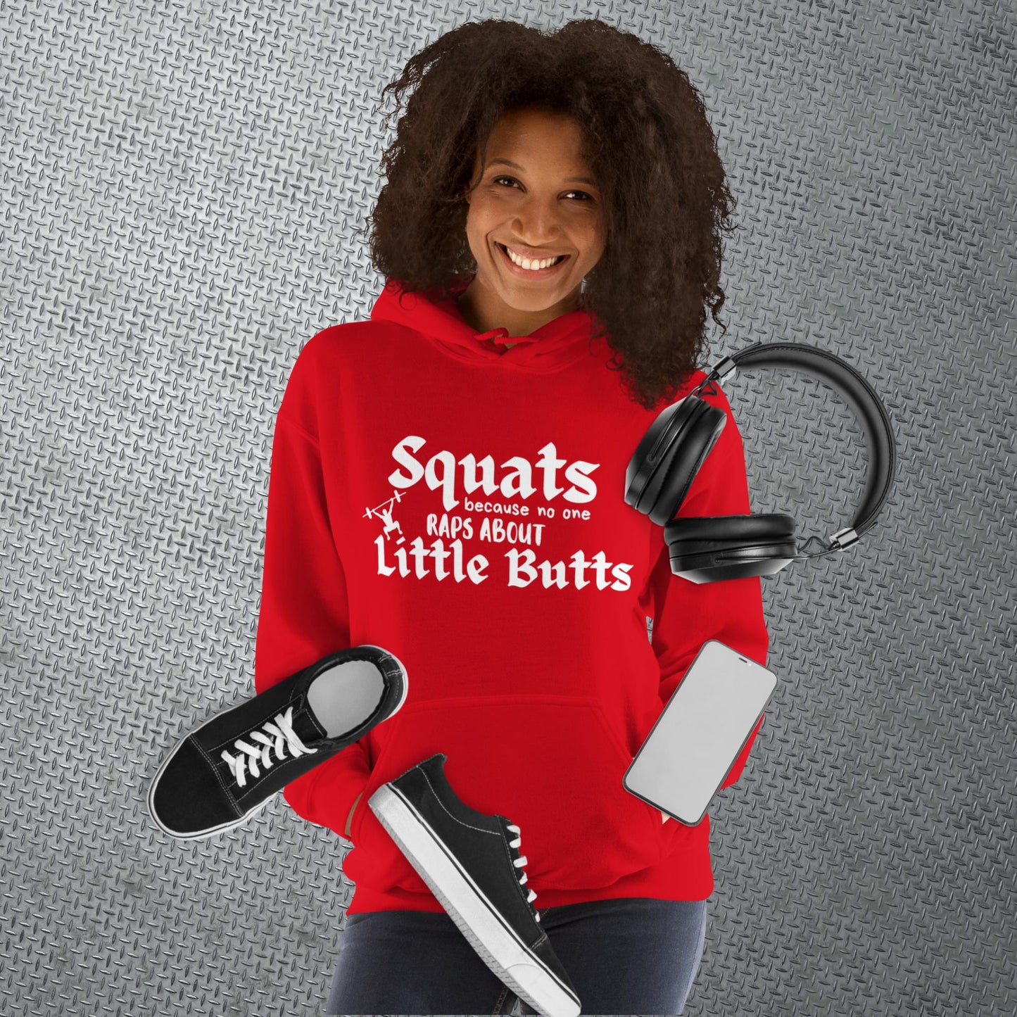 Red hoodie featuring the phrase 'Swats because no one raps about little butts.' This hoodie is perfect for the gym or evening walks, combining style with comfort for your active lifestyle.