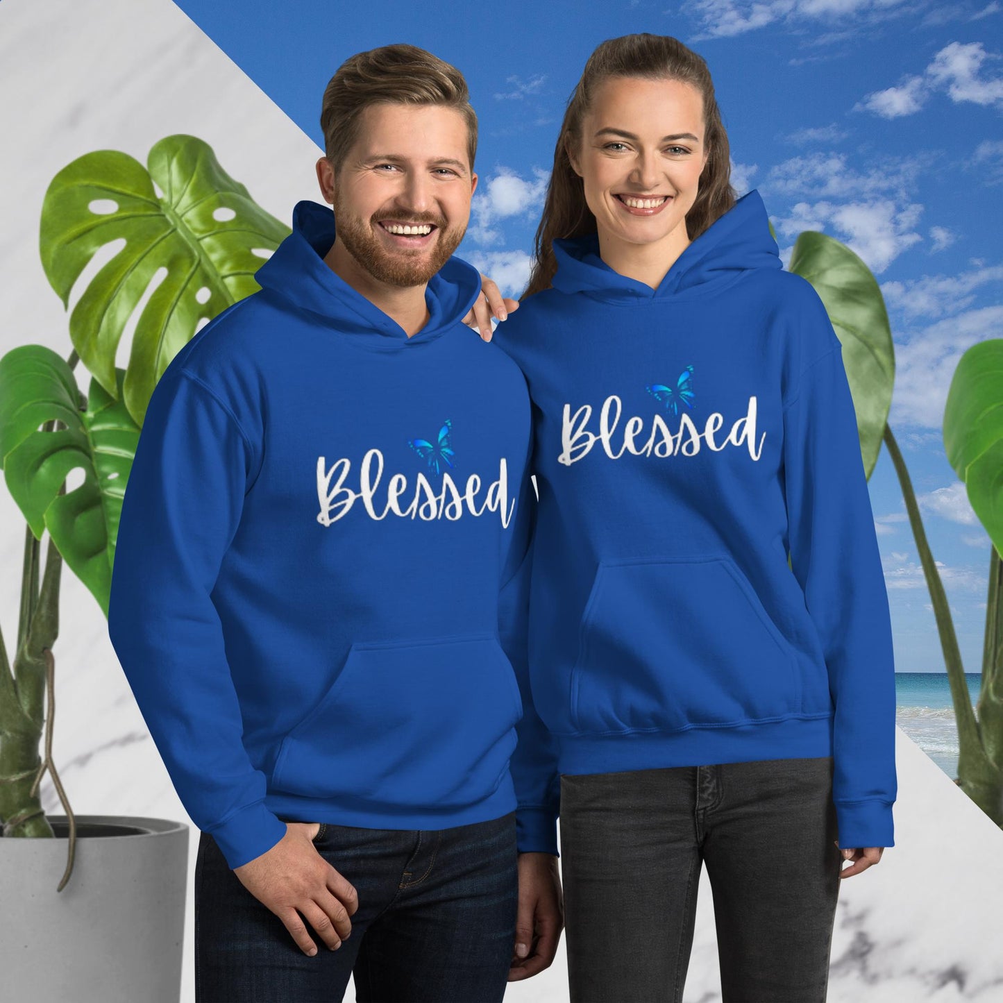 Royal unisex hoodie with a front pouch pocket, featuring the word 'Blessed' in white writing below a simple butterfly design.