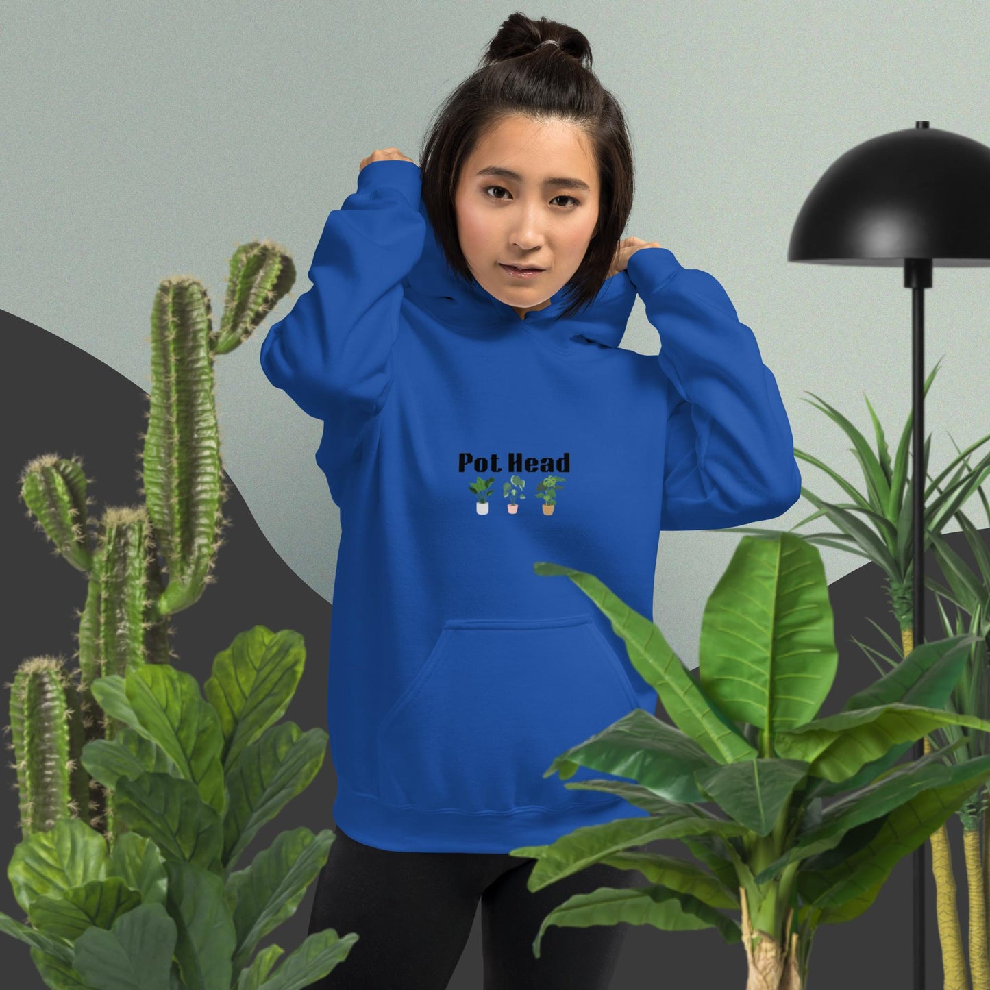 Royal colored hoodie designed for plant lovers, featuring the phrase 'Pot Head' in bold black text above the front pouch pocket, complemented by a decorative plant design