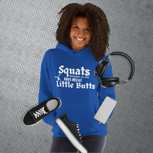 Royal colored hoodie featuring the phrase 'Swats because no one raps about little butts.' This hoodie is perfect for the gym or evening walks, combining style with comfort for your active lifestyle.