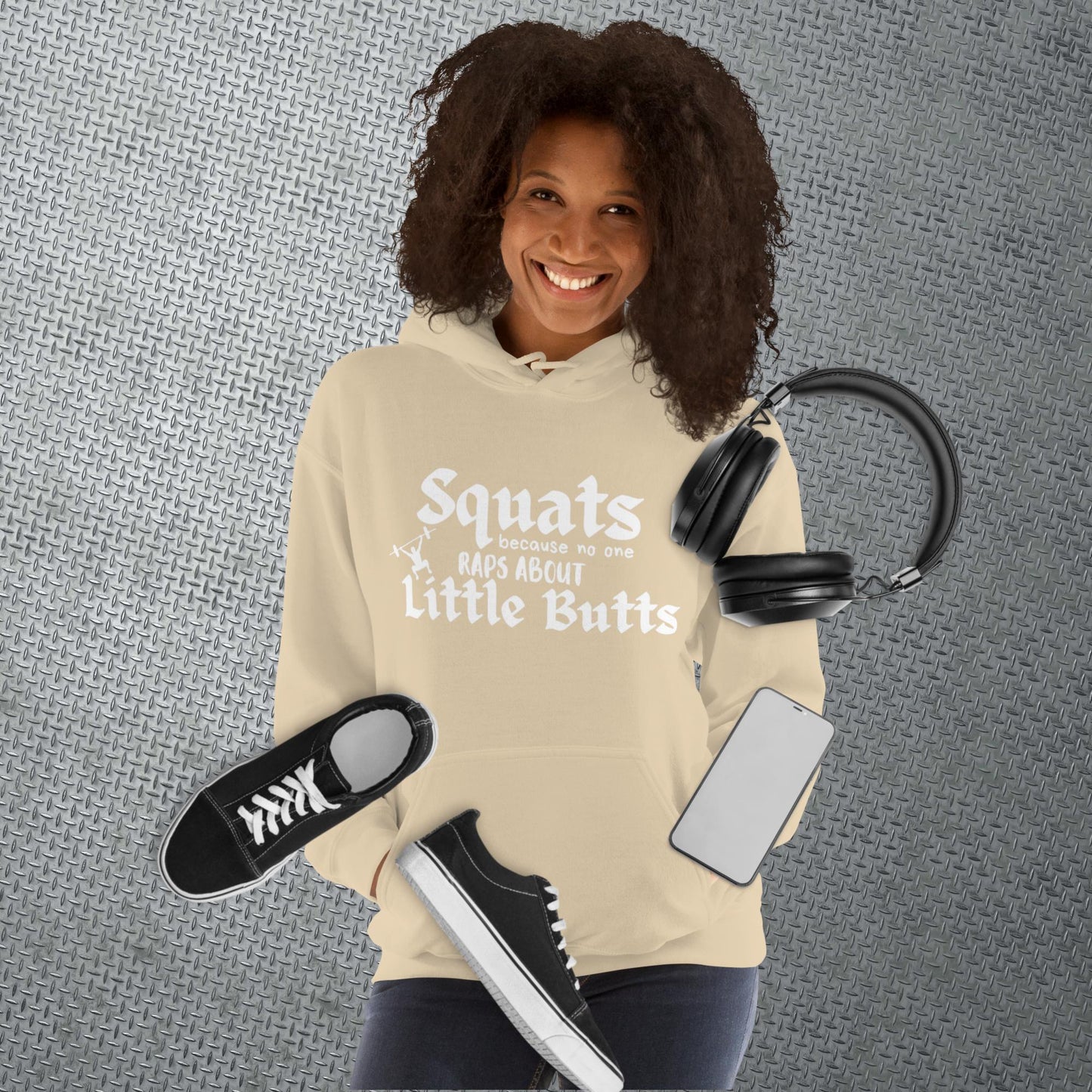 Sand colored hoodie featuring the phrase 'Swats because no one raps about little butts.' This hoodie is perfect for the gym or evening walks, combining style with comfort for your active lifestyle.