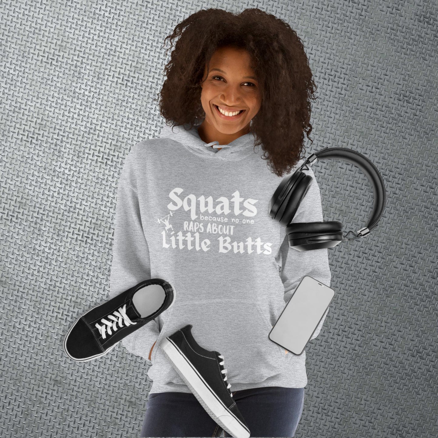 Sport grey colored hoodie featuring the phrase 'Swats because no one raps about little butts.' This hoodie is perfect for the gym or evening walks, combining style with comfort for your active lifestyle.